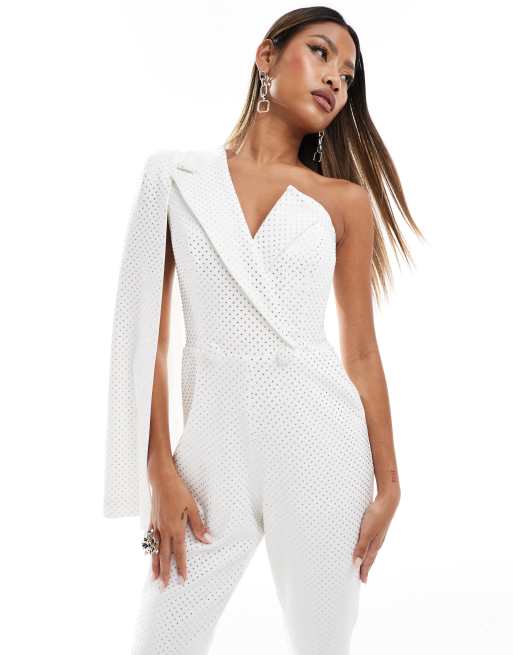 Lavish Alice crystal embellished cape jumpsuit in white