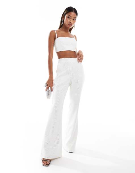 Lavish Alice crystal embellished fit and flare trousers in white 