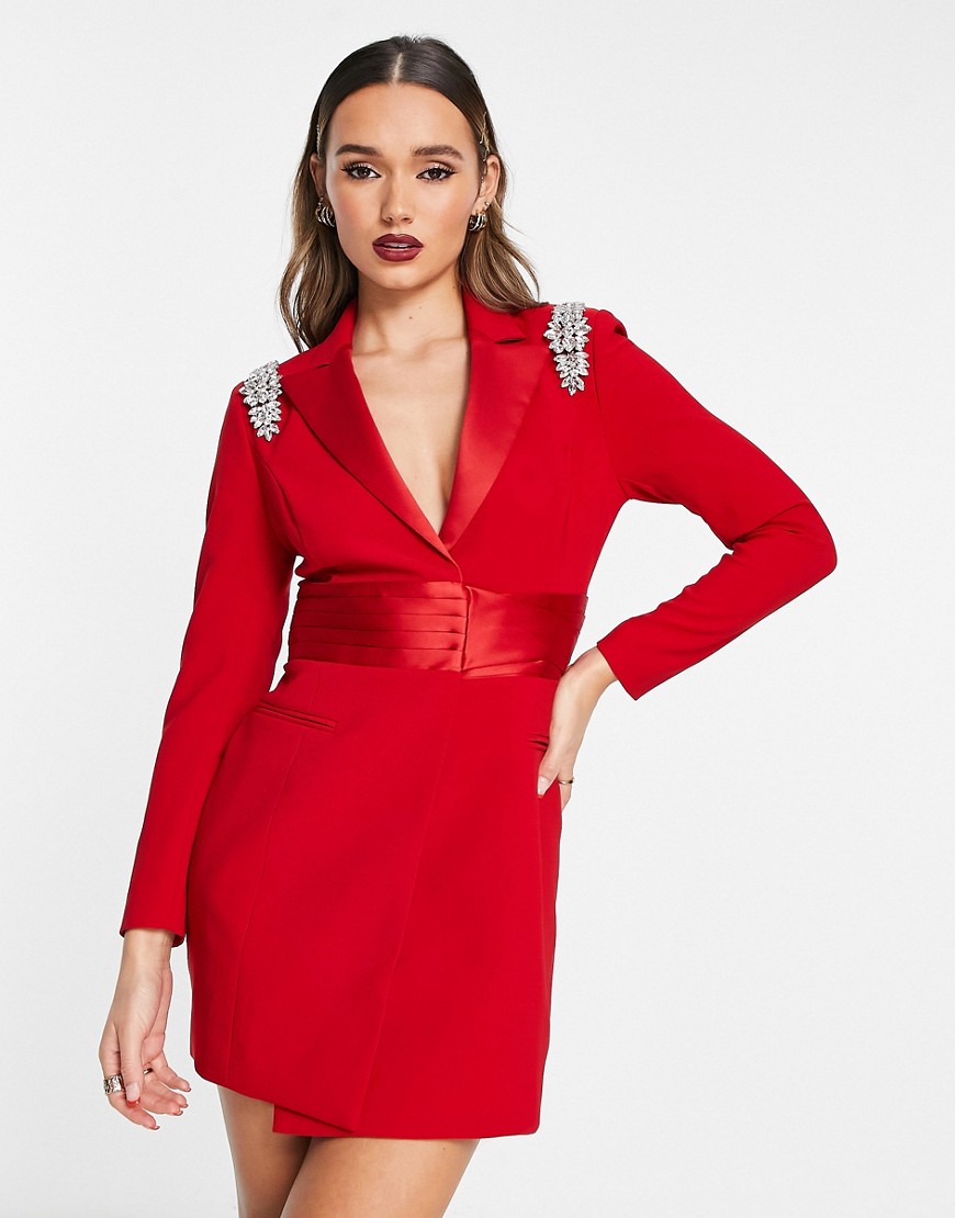 Lavish Alice diamante shoulder belted blazer dress in red