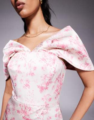 Lavish Alice Draped Bardot Bonded Satin Midi Dress In Pink