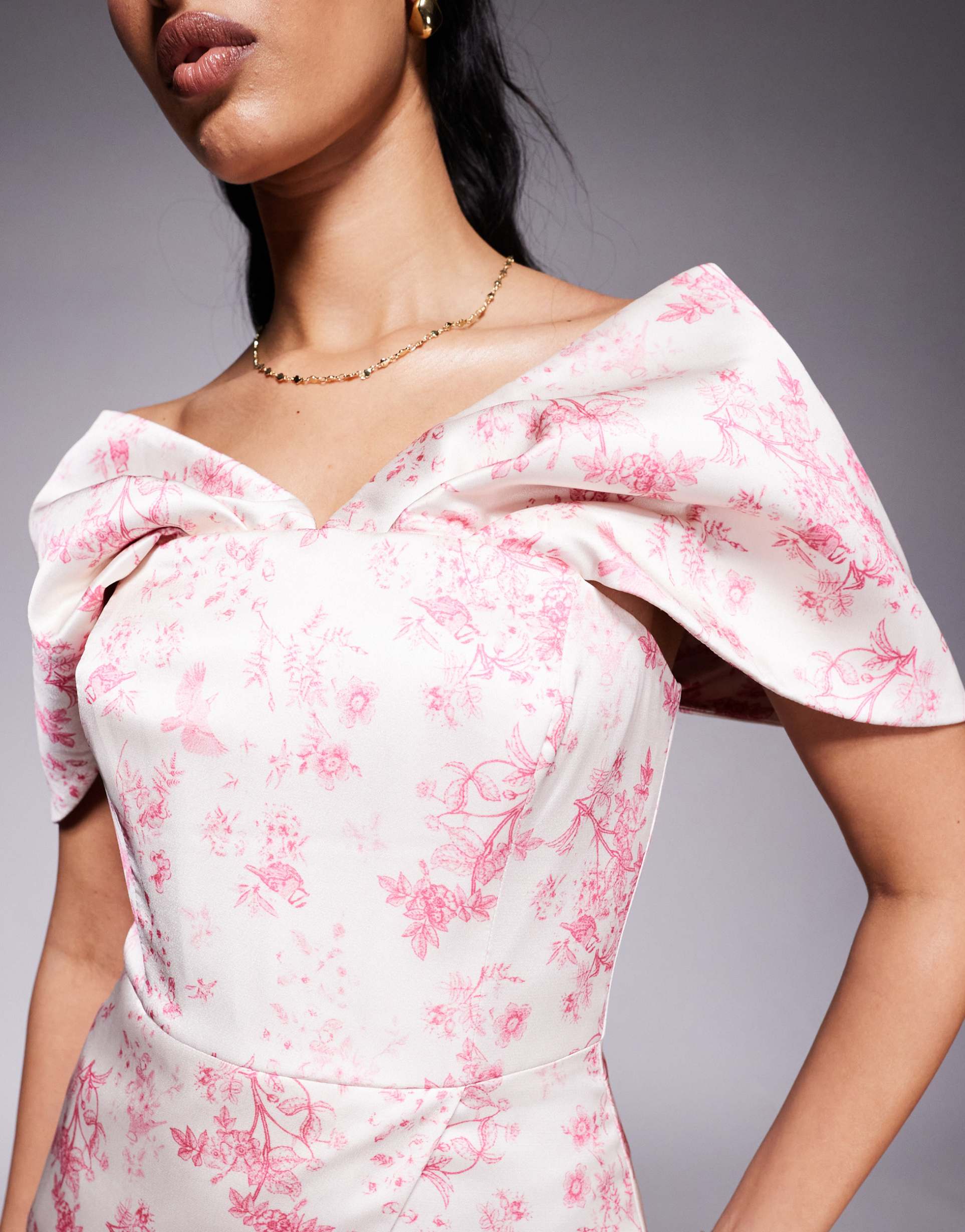 lavish alice draped bardot bonded satin midi dress in fuchsia porcelain print