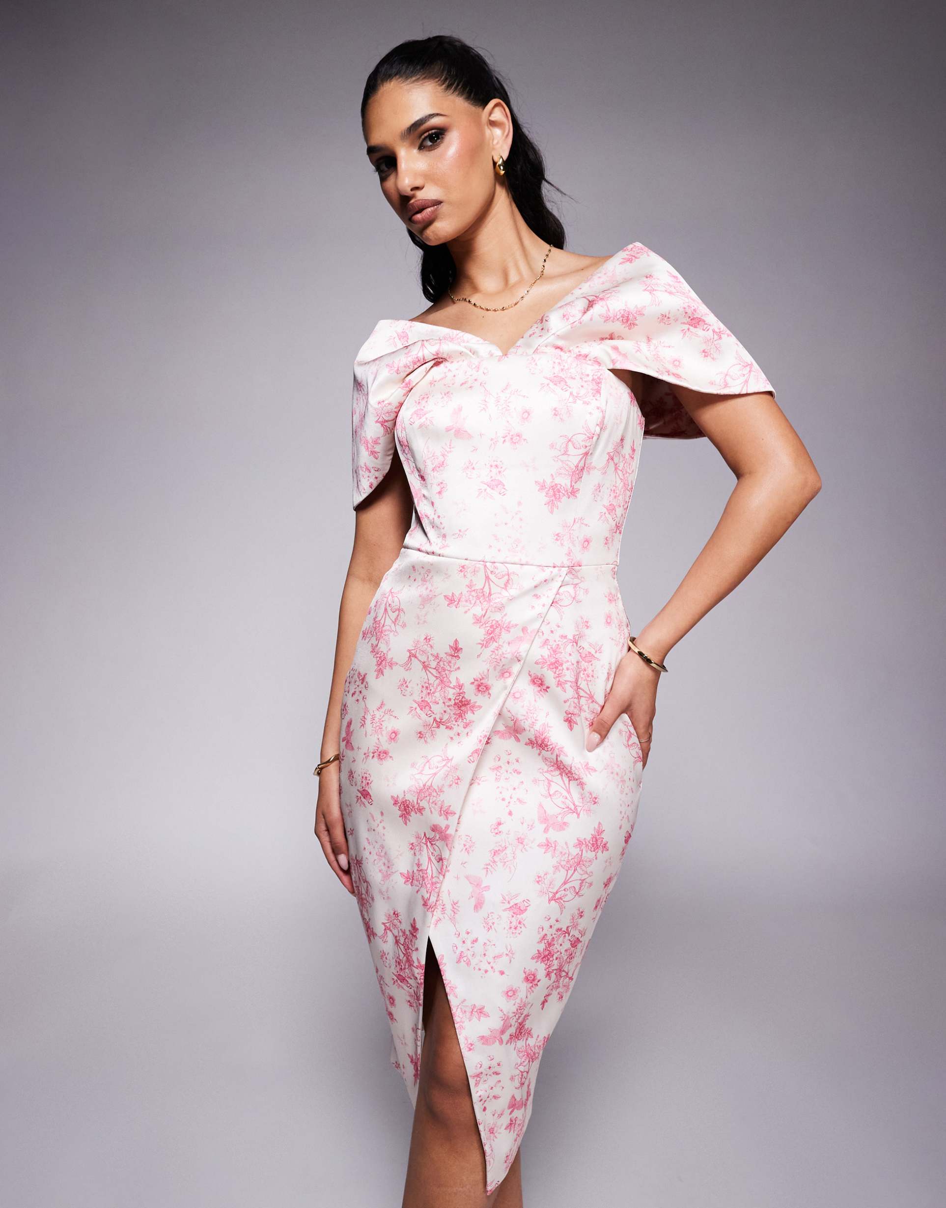 lavish alice draped bardot bonded satin midi dress in fuchsia porcelain print