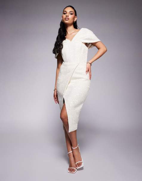 Lavish Alice draped bardot sequin boucle midi dress in beige