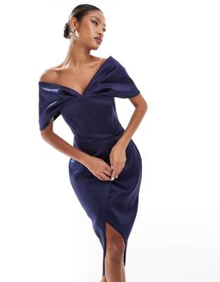 draped off the shoulder bonded satin midi dress in navy