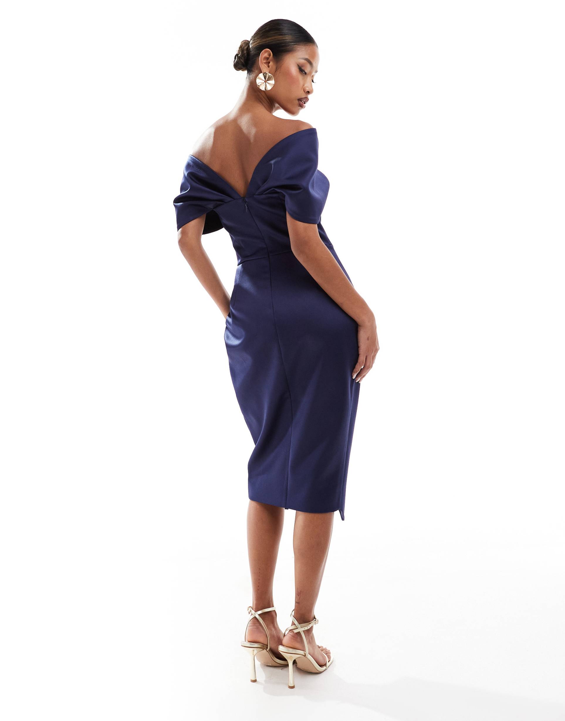 lavish alice draped off the shoulder bonded satin midi dress in navy