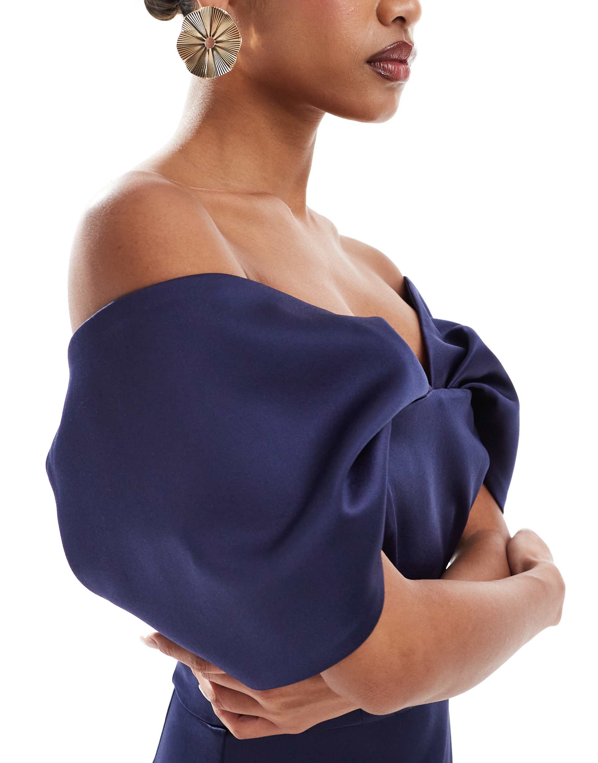 lavish alice draped off the shoulder bonded satin midi dress in navy