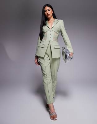 Lavish Alice - Elegante Hose aus Satin-Mix in Salbeigrün mit mittelhohem Bund, Kombiteil