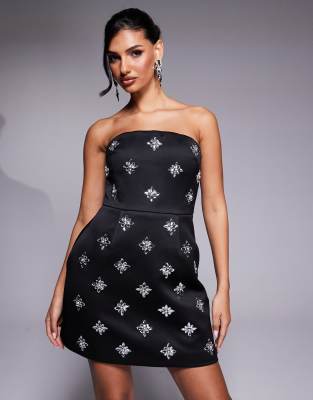 lavish alice embellished satin mini dress in black