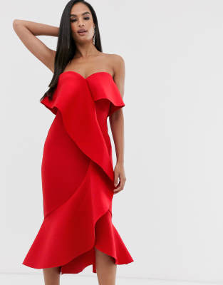 lavish alice one shoulder scuba exaggerated frill midi dress