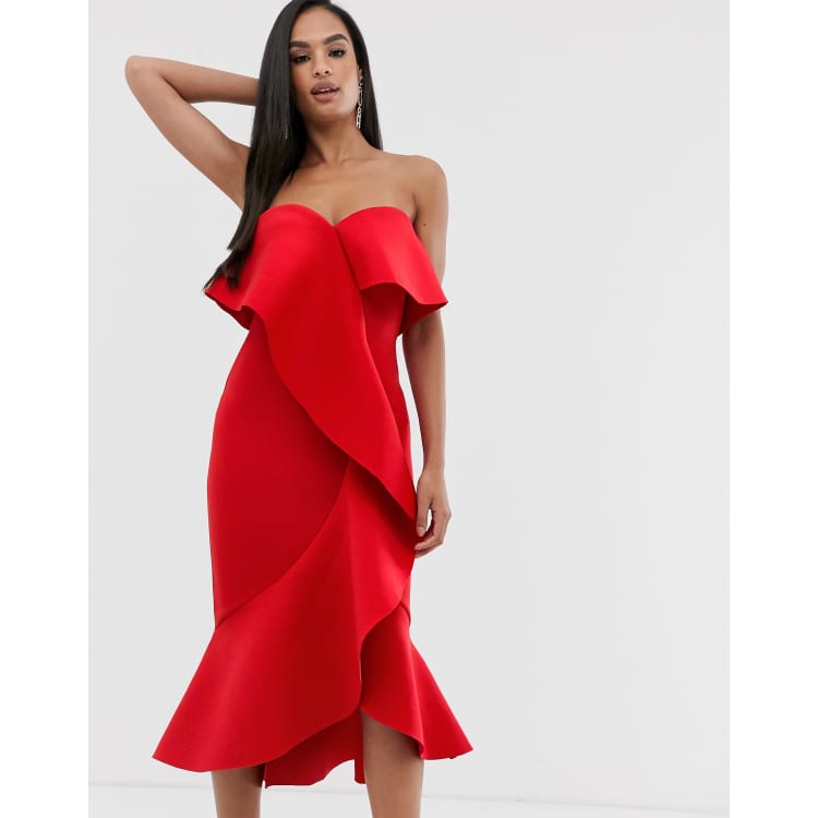 Lavish alice one shoulder scuba exaggerated frill midi hot sale dress