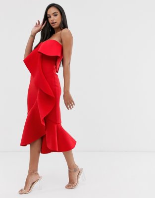 lavish alice one shoulder scuba exaggerated frill midi dress