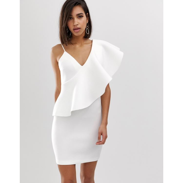 Lavish Alice exaggerated one shoulder frill scuba mini dress in white