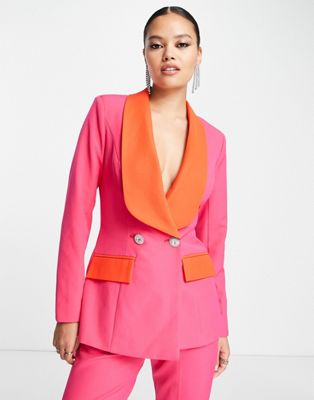 Lavish Alice exclusive colour block collar blazer co ord in pink and red multi