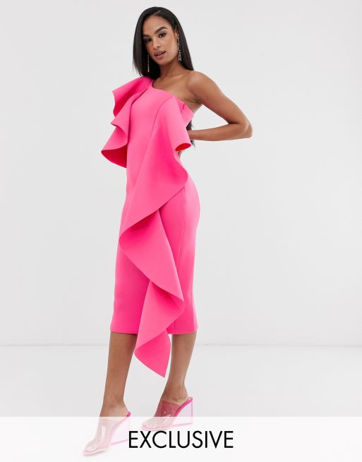 Lavish Alice exclusive one shoulder scuba midi dress with frill detail in  fuchsia