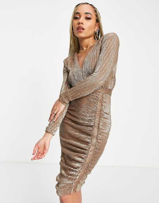 Gold long store sleeve midi dress