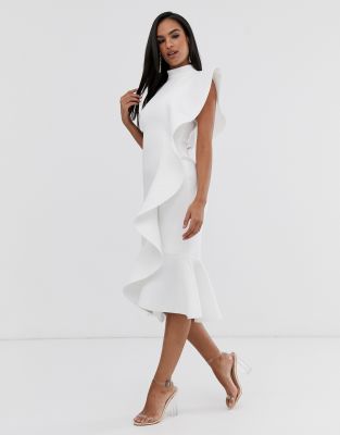 white midi frill dress