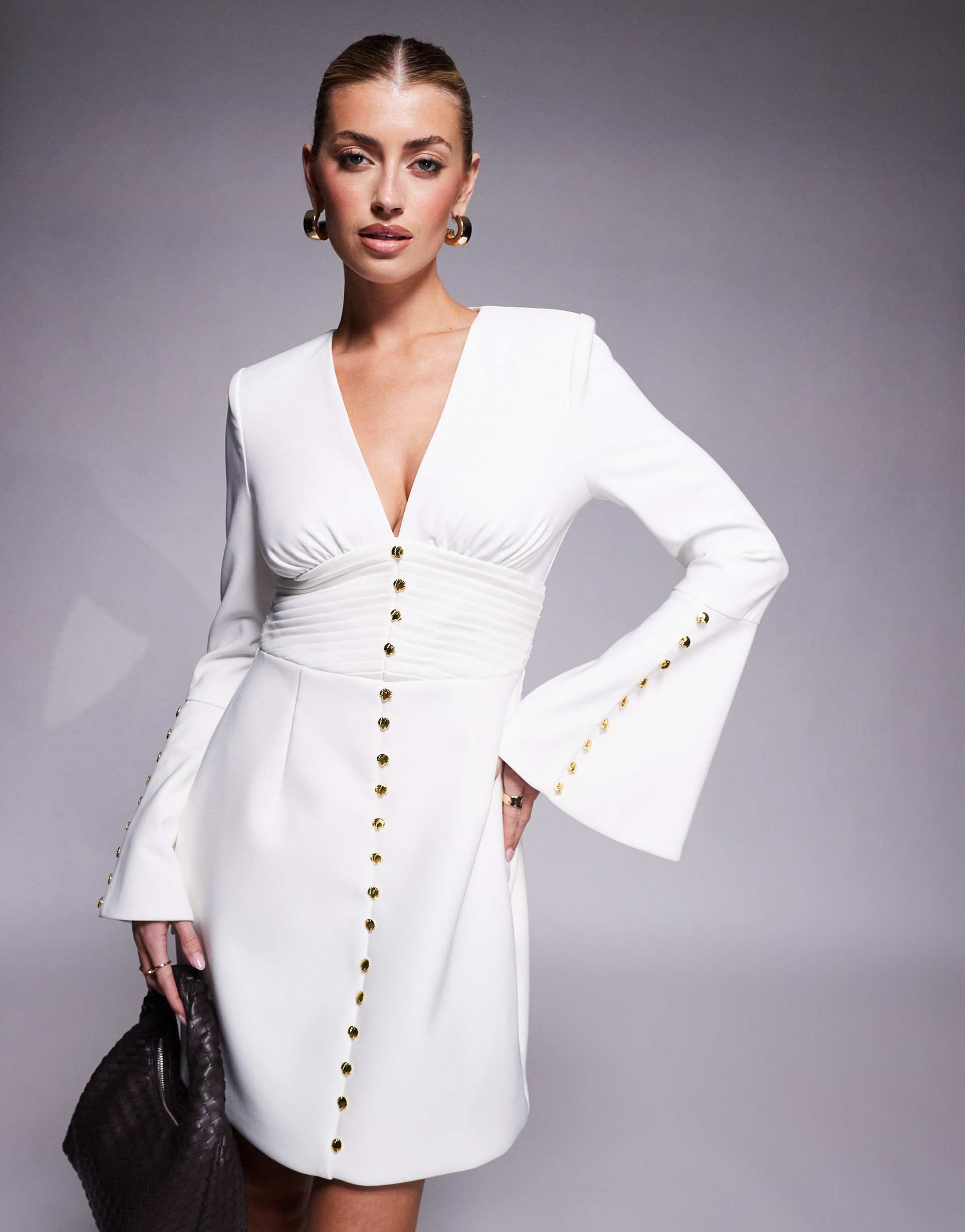 lavish alice fluted sleeve rose button mini dress in white