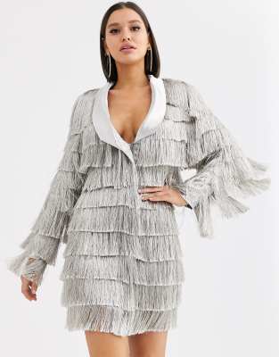 white fringe blazer dress