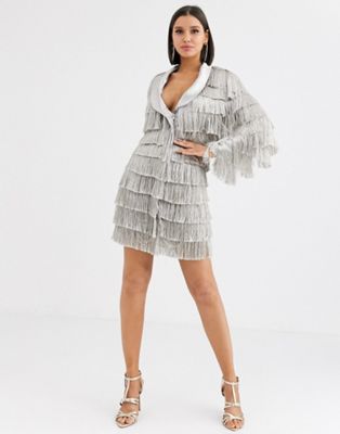 silver fringe dress with sleeves