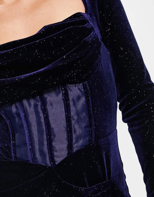 Lavish Alice glitter velvet corset detail mini dress in navy