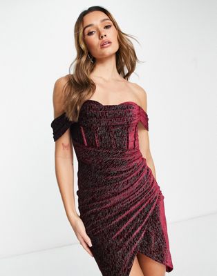 glitter velvet off shoulder midi dress in burgundy-Red