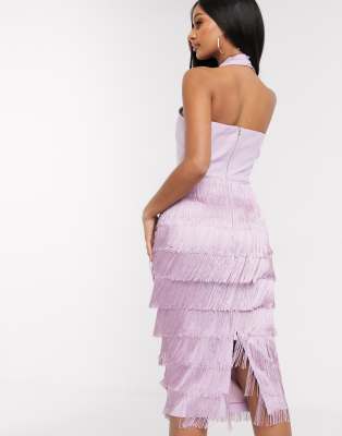 lavish alice one shoulder fringe midi dress in pink