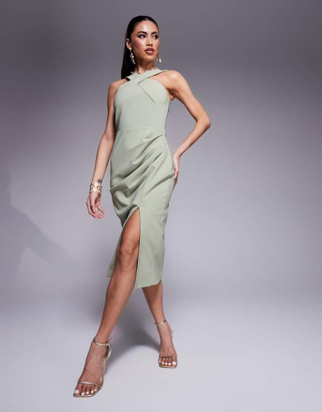 Lavish Alice halter neck midi dress in sage green | ASOS