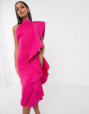 high neck ruffle midi dress
