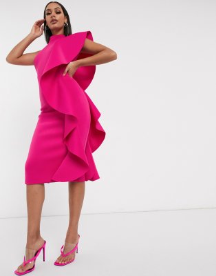 high neck ruffle midi dress