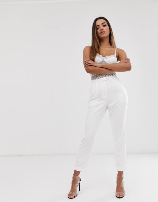 Anistyn High Waist Straight Leg Linen Trousers in White