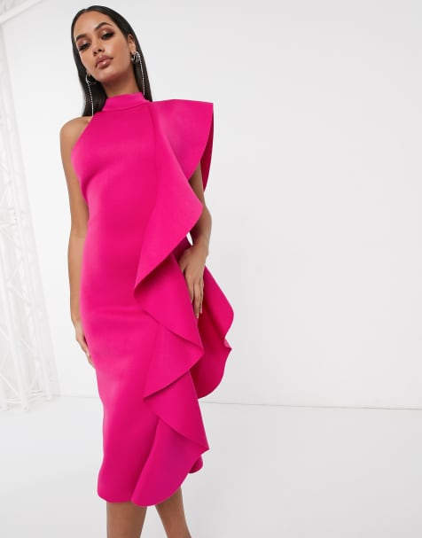 Lavish Alice – Hochgeschlossenes Midi-Bleistiftkleid mit übergroßem Rüschenbesatz, in Rosa