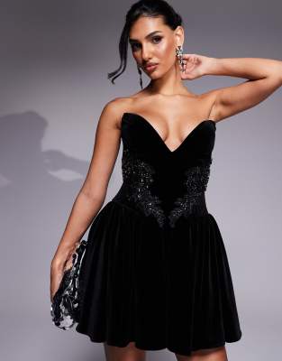 jeweled applique velvet mini dress in black