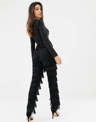 Lavish Alice - Jumpsuit met diepuitgesneden voorkant met broek met franjes  in zwart | ASOS
