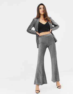 silver metallic flare pants