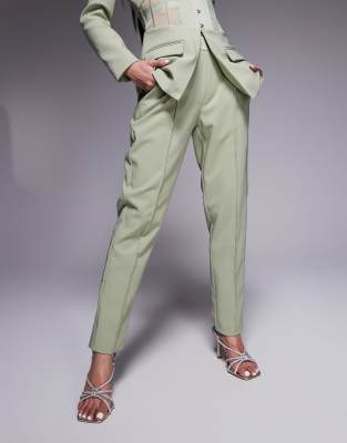Shop Lavish Alice Mid Rise Satin Mix Tailored Pants In Green