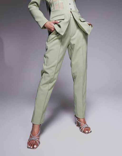 Lavish Alice mid rise satin mix tailored pants in sage green - part of a set