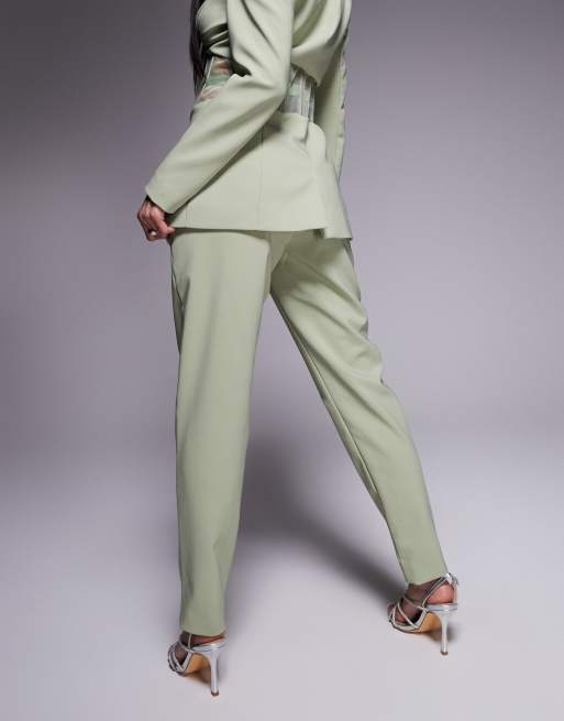 Lavish Alice mid rise satin mix tailored pants in sage green - part of a set