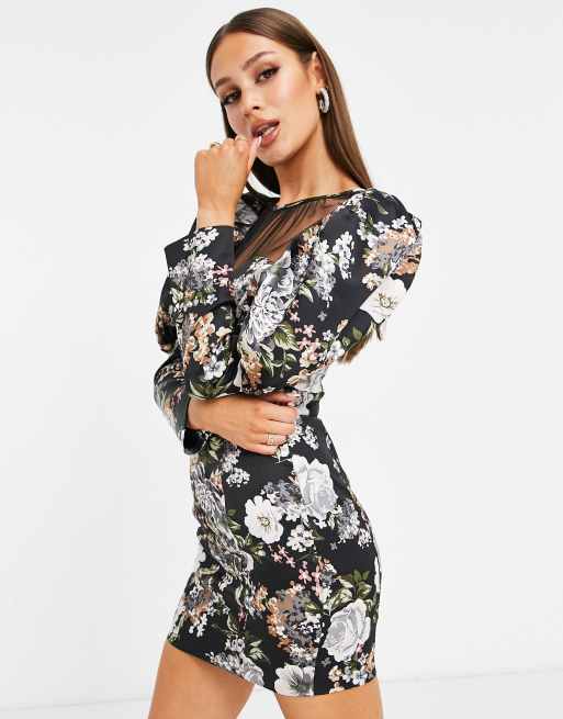 Lavish Alice Mini jurk met pofmouwen mesh inzetstuk en antieke bloemenprint ASOS