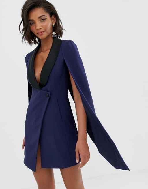 Lavish Alice navy tuxedo cape dress with contrast black satin lapel