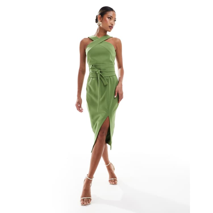 knee length dresses for ladies Lissa Green Porcelain Print Square-Neck Midi Dress – Club L London main image 1