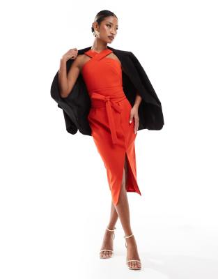 Lavish Alice Lavish Alice obi belted halterneck midi dress in red