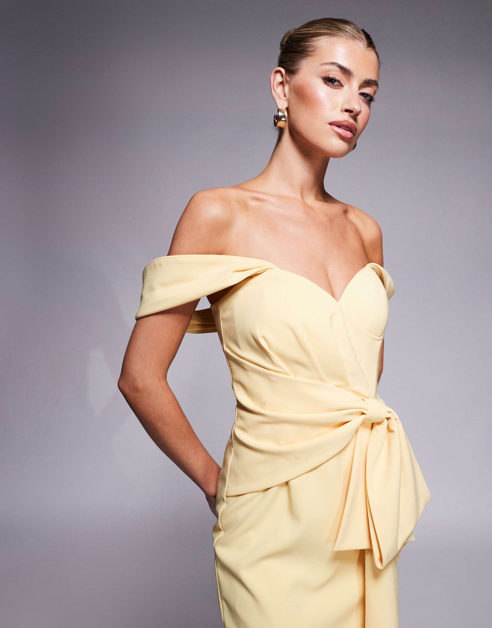 lavish alice off shoulder bow detail midi dress in yellow