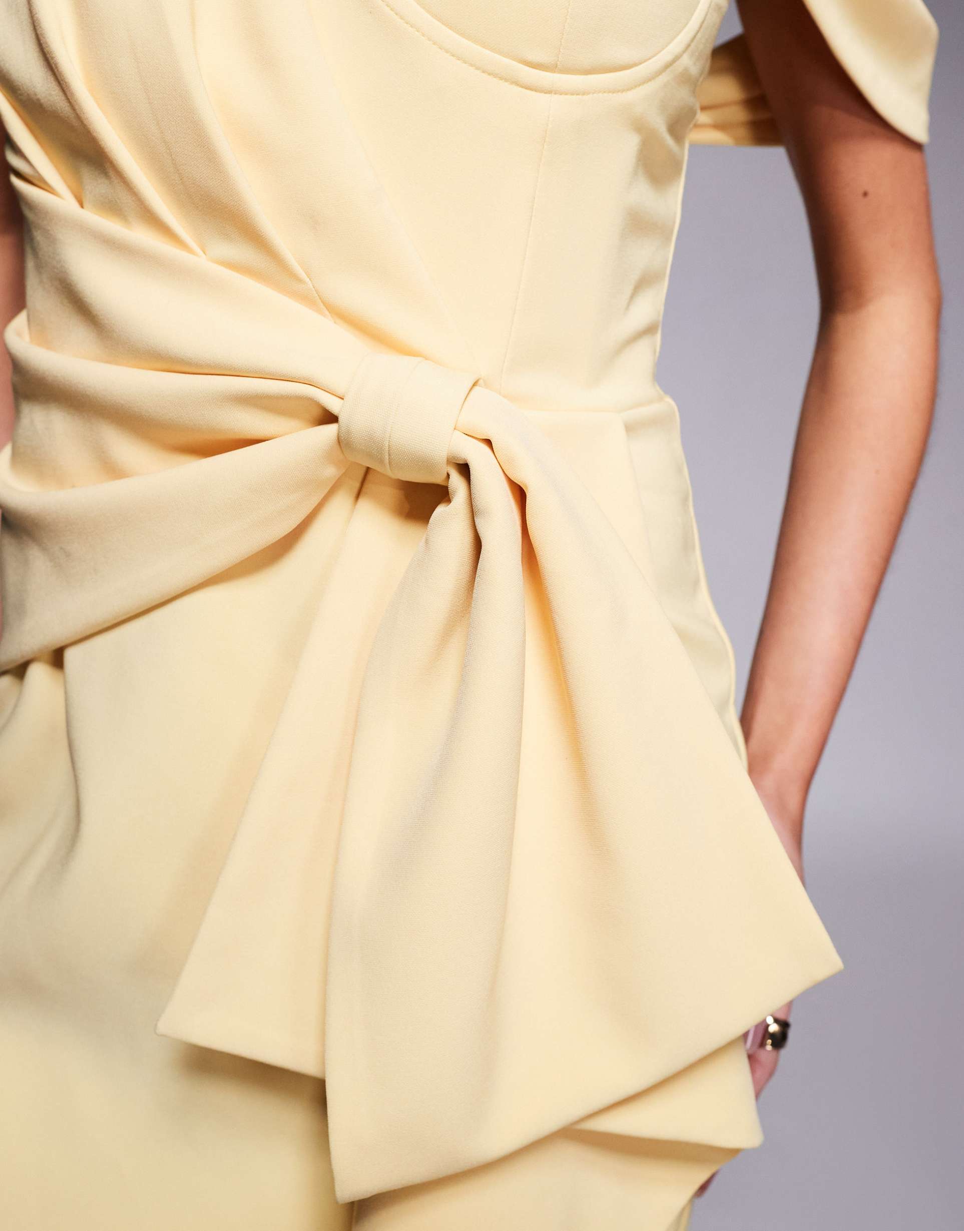 lavish alice off shoulder bow detail midi dress in yellow