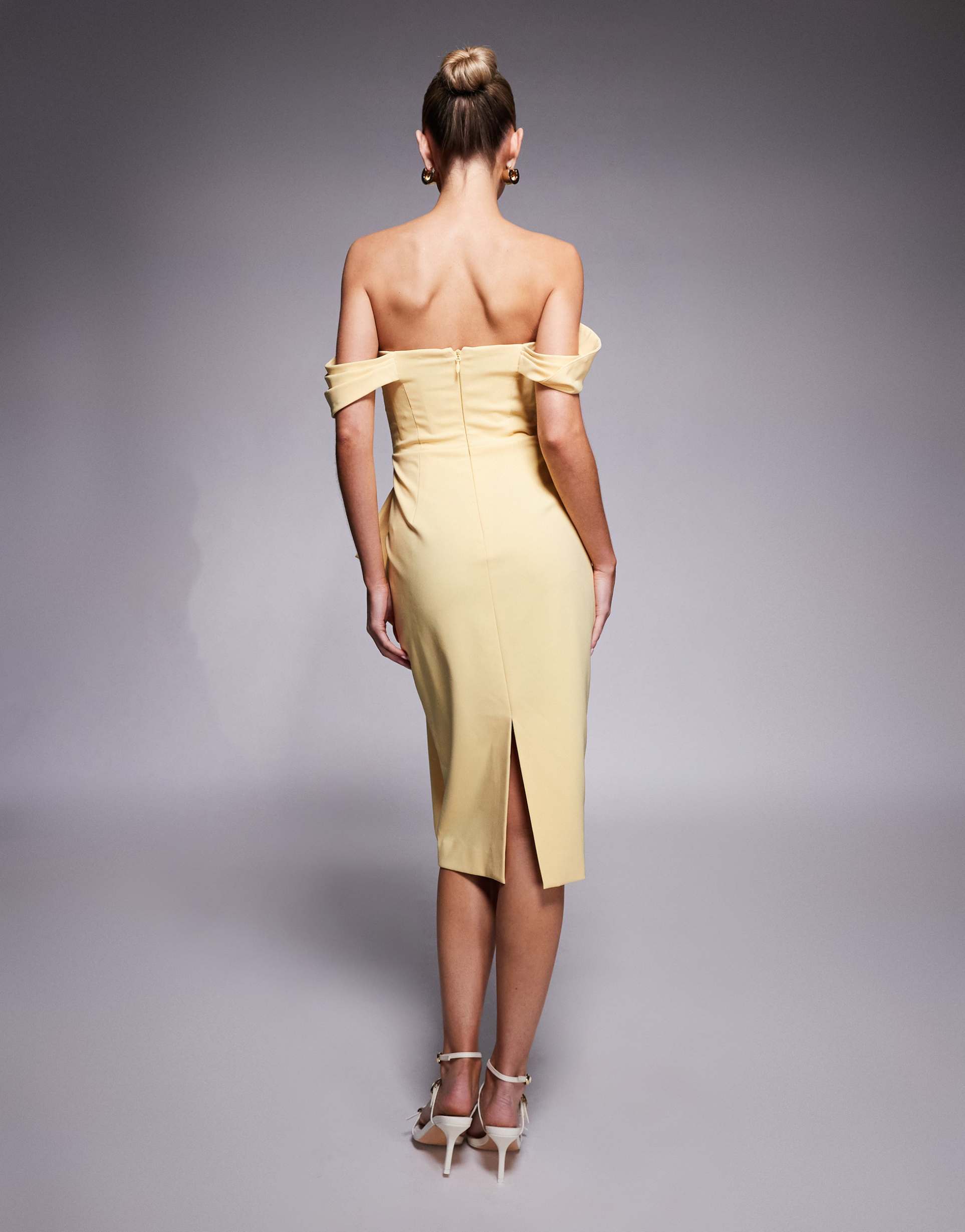 lavish alice off shoulder bow detail midi dress in yellow