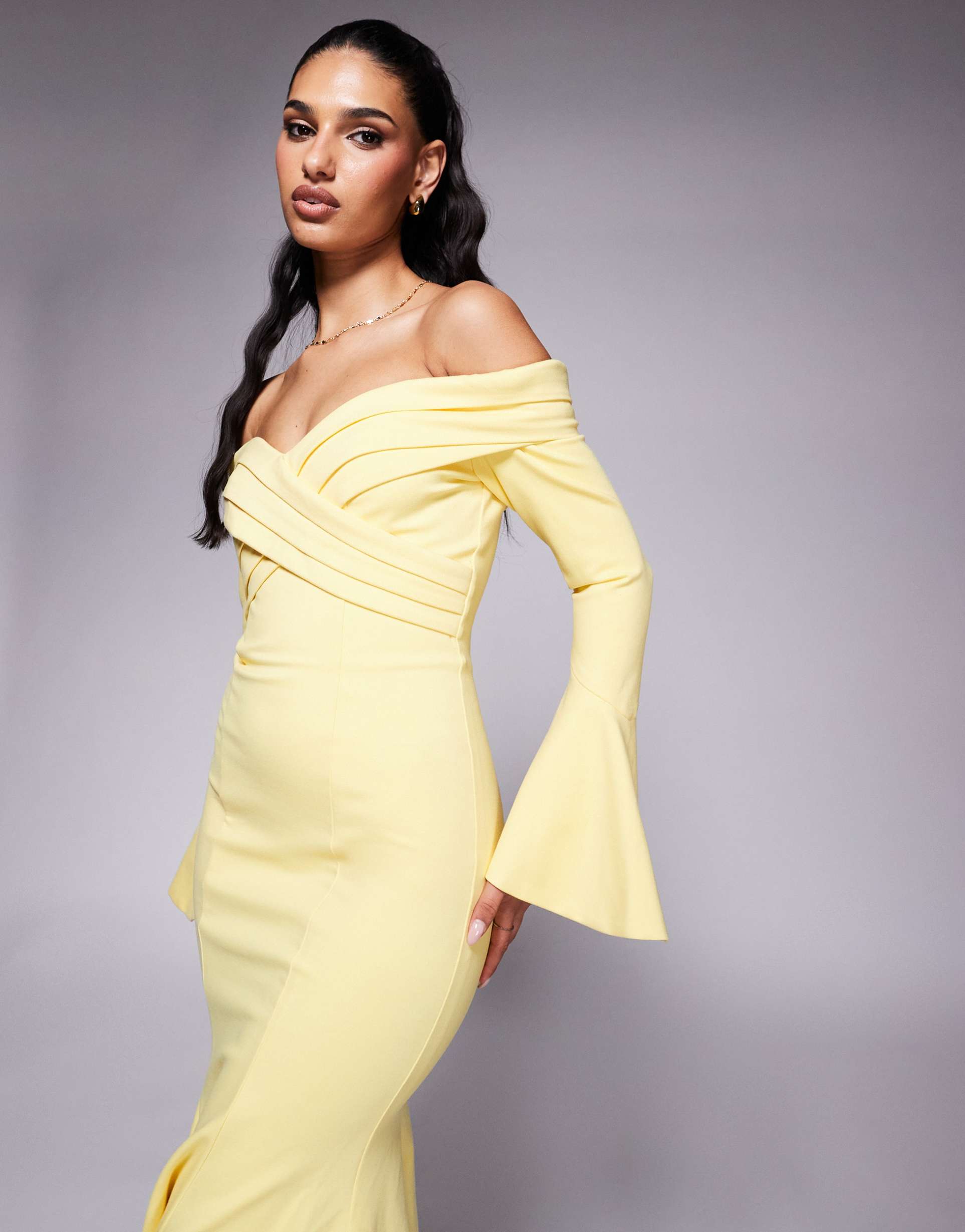 lavish alice off shoulder fit and flare long midi dress in yellow