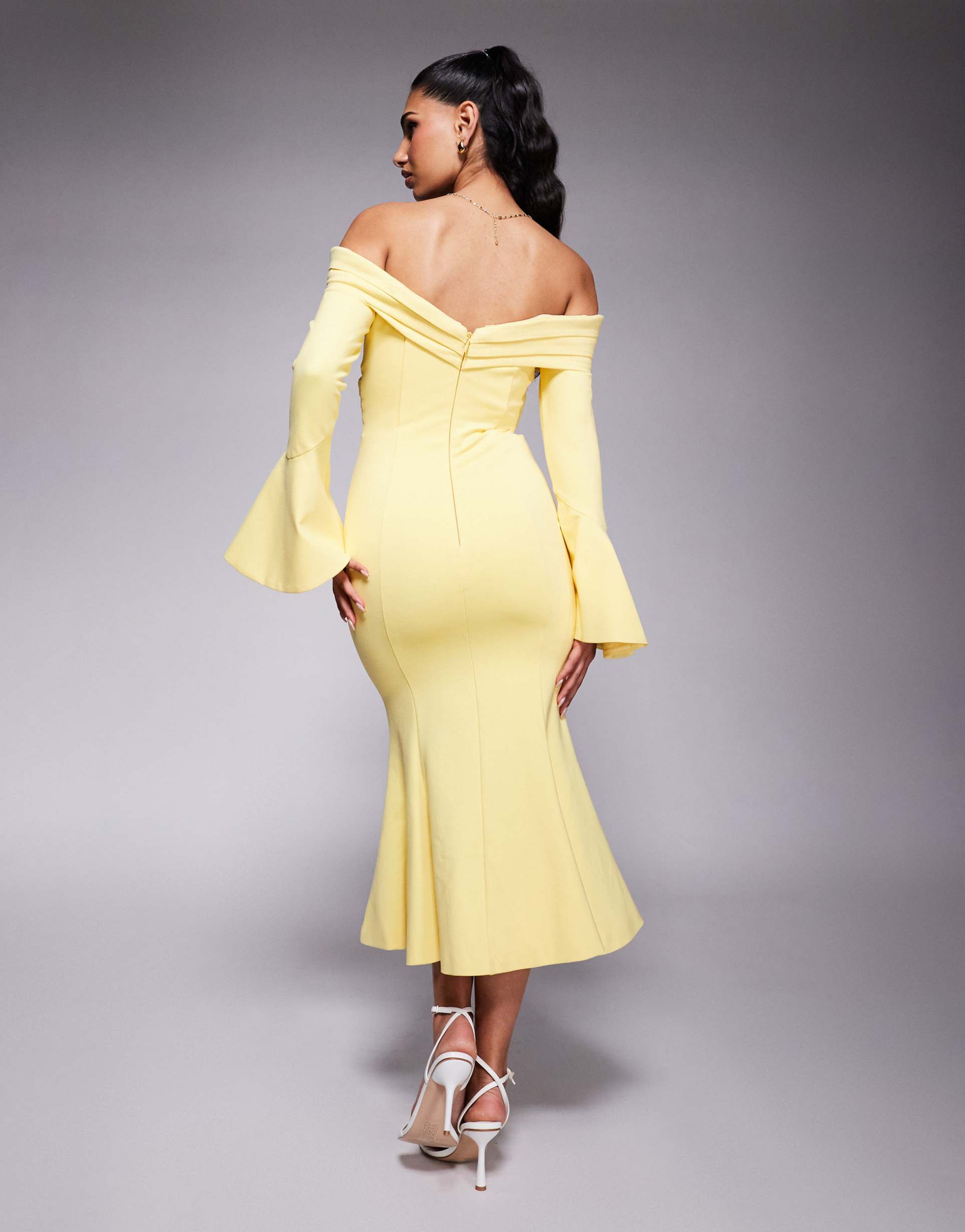 lavish alice off shoulder fit and flare long midi dress in yellow