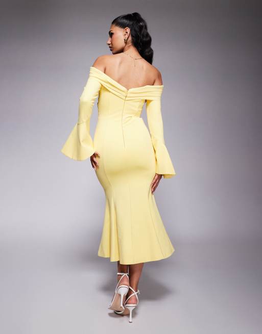Lavish Alice off shoulder fit and flare long midi dress in yellow