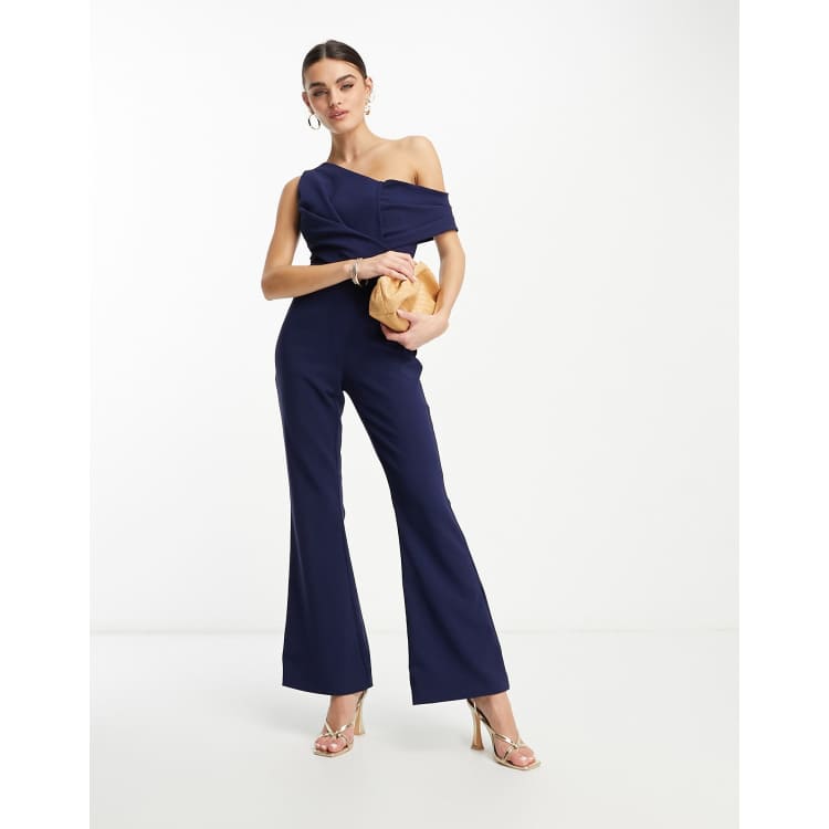 Navy off store the shoulder jumpsuit