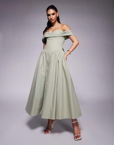 Lavish Alice off shoulder lace up cotton sun dress dress in sage