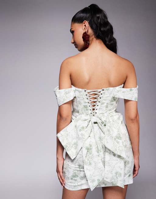Lavish Alice off shoulder lace up mini dress in green print | ASOS